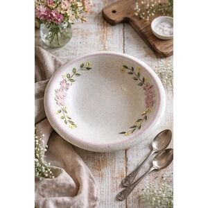 Handmade Pottery Bowl 9.5" Pink Floral Raised Design Speckled Glaze VTG Cottage